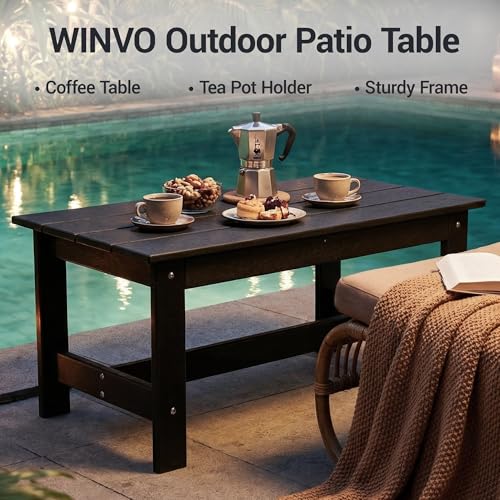 WiNVO HDPE Outdoor Coffee Table, Rectangle Patio Coffee Table, All-Weather Side Table for Balcony, Poolside, Deck, Garden, Black, 37.7''L x 20.8''D x 17.7''H
