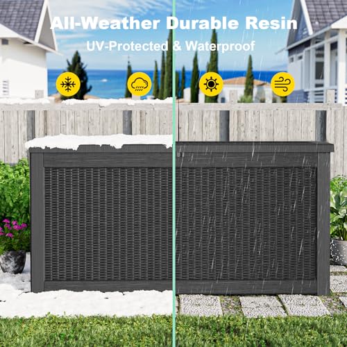 KFY 320 Gallon Waterproof Outdoor Storage Box, UV Resistant Resin Deck Box with Hydraulic Rod for Reinforced Stability, Perfect for Patio, Garden, and Pool（Black，320 Gallon）