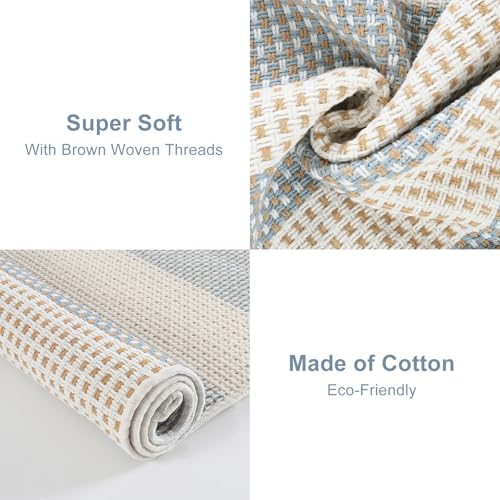 OJIA Washable Area Rugs 4'x6', Striped Outdoor Rug Cotton Woven Entryway Rugs Indoor Patio Rugs Carpet Large Area Rugs for Bedroom/Porch/Deck/Backyard/Camping/Living Room (Blue/White/Tan)