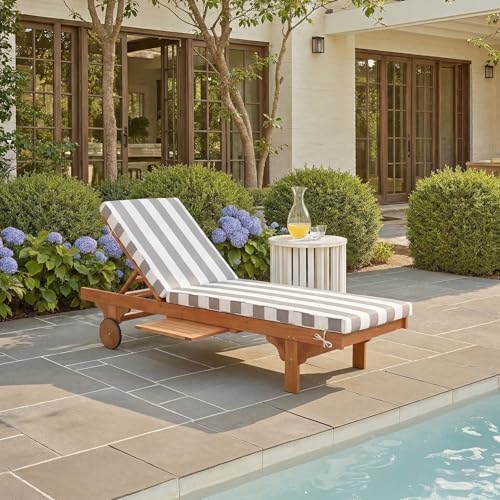 SAFAVIEH Outdoor Collection Newport Natural/ Grey & White Stripe Cushion Built-in Side Table Adjustable Chaise Lounge Chair