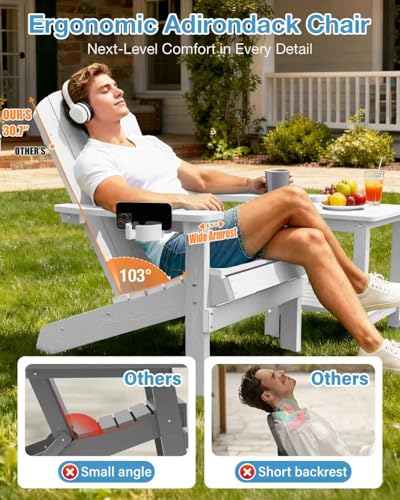 YEFU Adirondack Chair Weather Resistant: Outdoor Chair HIPS Plastic Adirondack Chairs - Patio Chairs with Wood Texture - Lawn Fire Pit Deck Porch Garden Chairs for Adults (White)