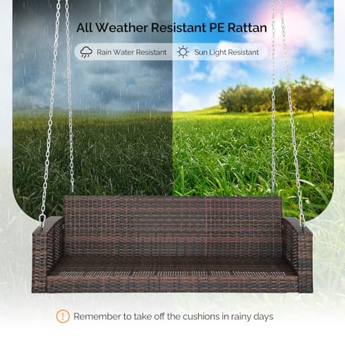 VINGLI Heavy Duty 800 LBS Wicker Hanging Porch Swing with Cushions & Chains, 5FT Outdoor Rattan Swing Bench for Garden, Yard, Lawn (Brown)