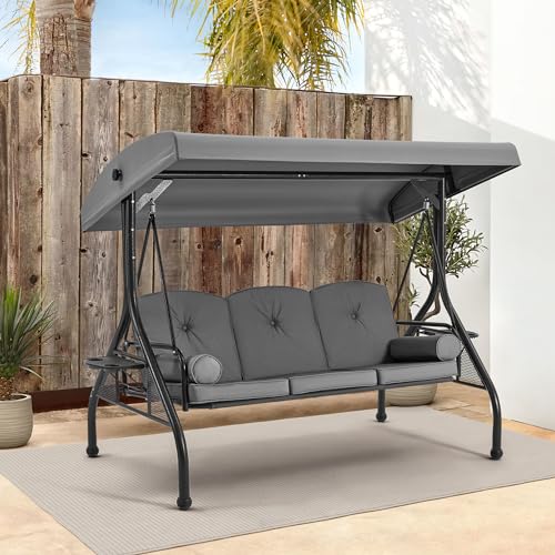 HOMREST 3 Seat Outdoor Porch Swing with 1.5" Deep Cup Holder, Adjustable Canopy,Patio Swing Bed with Stand, Patio Glider Swing with Thicken Cushions, Pillow(Grey)