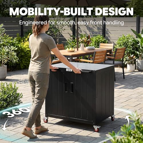 Feasto Outdoor Grill Cart with Storage Cabinet and Stainless Steel Top, 35-Inch Outdoor Grill Station with Door, Modular Kitchen Island for Food Prep and BBQ, Black & Silver