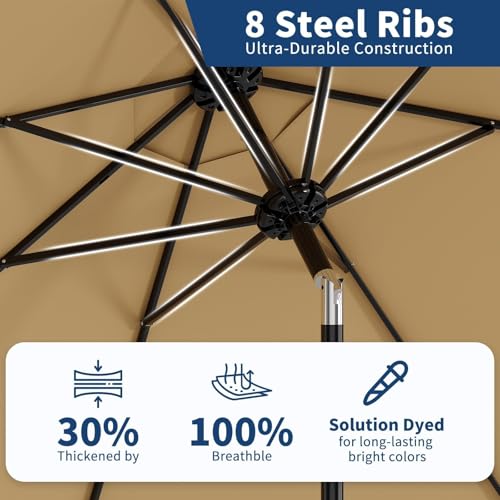 Garvee 9 ft Patio Umbrella - 8 Sturdy Ribs Outdoor Table Umbrella with Crank Lift & Push Button Tilt - Market Umbrella for Pool, Deck, Yard, Garden - Tan