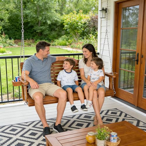Wooden Porch Swing 3-Seater, Bench Swing with Cupholders, Hanging Chains and 7mm Springs, Heavy Duty 800 LBS, for Outdoor Patio Garden (Warm Teak Color, 5 FT Extra Large)
