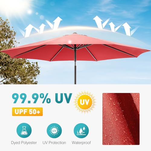 OLIXIS 9ft Patio Umbrella with Tilt and Crank Button & 8 Sturdy Ribs Waterproof, 9 feet Patio Table Umbrella Perfect for Poolside, Terrace, Beach and Outdoor Restaurant, Red