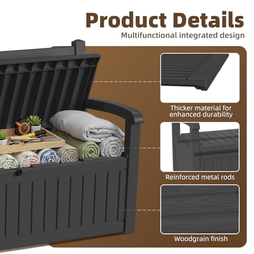 EasyUp 80 Gallon Wood Grain Style Outdoor Storage Bench, Waterproof and Lockable Deck Box Outdoor Storage Furniture for Patio,Garden,and Porch – Perfect for Storing Garden Tools and Cushions(Black)