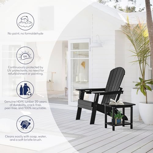Plawdlik Folding Adirondack Chair Set of 6, Cup Holder，Wooden Textured ，Heavy All-Weather HDPE Comfortable Set Poolside Backyard Lawn, Black