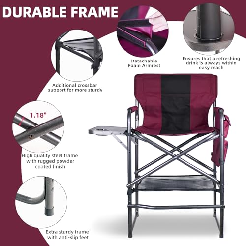 Foristrail 30" Tall Directors Chair with Side Table, 400LBS Bar Height Folding Camping Chair for Makeup Artists, Outdoor Events, Portable Foldable Chair with Cup Holder & footrest - Wine Red/Black