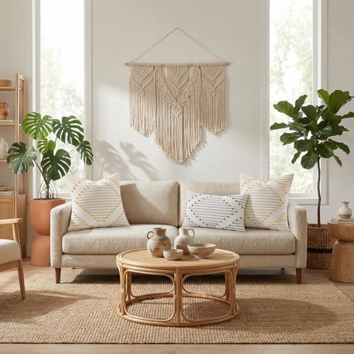 Mecatny Boho Summer Outdoor Throw Pillow Covers 18X18 Set of 2, Farmhouse Decorative Pillow Covers for Couch Sofa Living Room, Black & Cream White