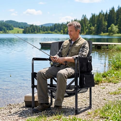 COSTWAY Heavy Duty Outdoor Camping Chair for Adults, Portable Folding Lawn Chair with Cup Holder, Side Pocket, Bottle Opener, Mesh Storage Shelf, Sturdy Metal Frame for Hiking, Fishing (2,Black)