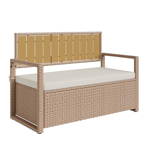 75 Gallon Outdoor Storage Bench, All-Weather PE Rattan Deck Box with Seat, Wicker Patio Furniture for Cushions, Garden Tools, Pool Accessories, Water-Resistant (Yellow Wicker & Beige Cushions)