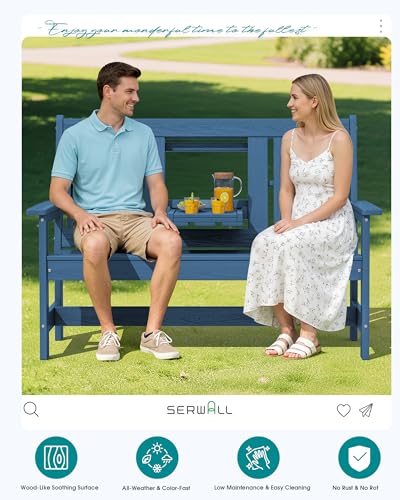 SERWALL Outdoor Bench with Cup Holder, Oversized 58" HDPE Porch Bench Suitable for 3 Person, All Weather Patio Benches with High Backrest for Garden, Park, Yard, Front Porch, Navy