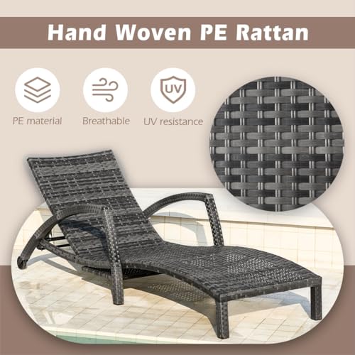 ZZWHOM Chaise Lounge Chairs Outdoor Set of 2, Comfy Outside Wicker Patio Pool Lounge Chair w/ 5 Adjustable Back Angle, Cup Holder, Thicken Cushion