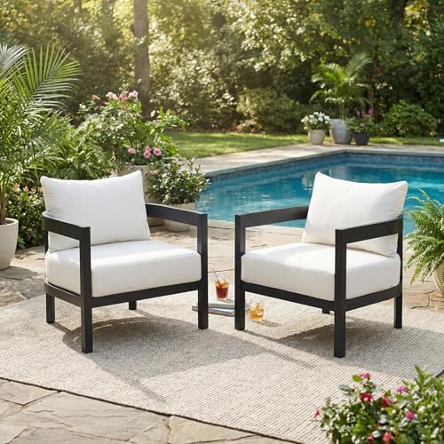 Christopher Knight Home Lula Aluminum Lounge Chair Outdoor Set of 2 with Removable Cushion, Metal Frame Patio Accent Chair, Patio Garden Comfy Reading Chair, Beige+Black