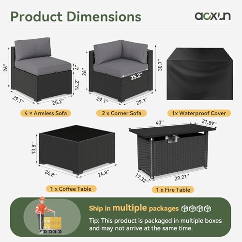 Aoxun 8 Piece Patio Furniture Set with 44” Fire Pit Table, Wicker Rattan Patio Sectional Sofa, Outdoor Furniture Set with Thickened Cushion, Grey