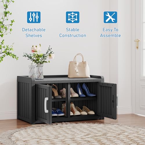 NBYSGO 2-Tier Storage Bench, Waterproof UV-Resistant Outdoor Shoe Storage Cabinet with 2 Doors & Adjustable Shelves for Indoor Outdoor Entryway, Hallway, Living Room (Black)