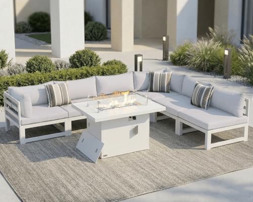 NICESOUL 7 Piece White Powder-Coated Aluminum Patio Furniture with Fire Pit Table, 29 Inch Extra Wide Outdoor Sectional Sofa for 6, High-End Heavy Duty L-Shaped Large Couch for Backyard, Light Gray