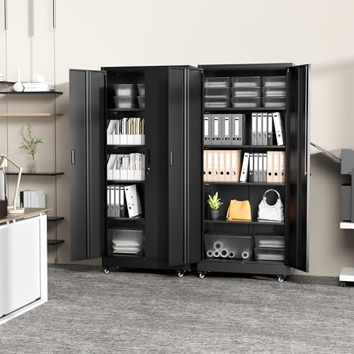 Greenvelly Metal Garage Storage Cabinet with 4 Swivel Wheels, 73” Black Storage Cabinet on Wheels, Rolling Tool Cabinet with Locking Doors and Shelves for Garage, Basement, Home, Warehouse