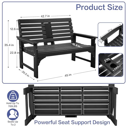 KULAMOON Outdoor Bench Weatherproof - HDPE 2-Person Garden Bench with Cup Holders, Bench Furniture with Backrest and Armrests, 700 lbs Capacity, Patio Park Bench for Front Porch Backyard Park (Black)