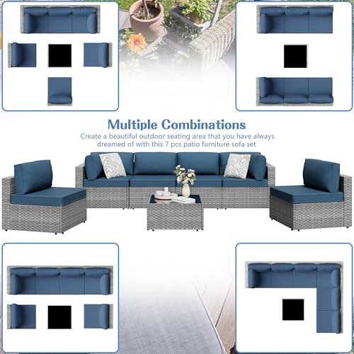 Shintenchi 7 Pieces Outdoor Patio Furniture Sets, Patio Sectional Sofa Couch, Gray PE Wicker Furniture Modular Patio Conversation Sets Patio Sofa with Washable Cushions, Aegean Blue