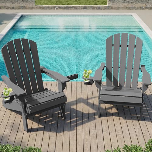 Shintenchi Folding Adirondack Chairs Set of 2,HDPE All-Weather Patio Chairs with Cup Holder & Phone Holder,Wooden Textured Fire Pit Chairs for Patio,Outside,Deck,Backyard,Dark Grey