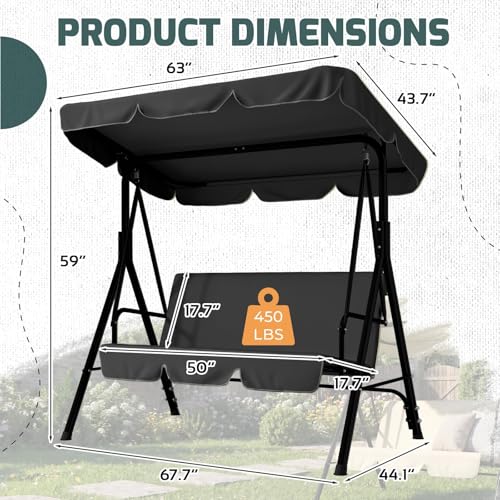 AECOJOY Porch Swing with Stand, Outdoor Swings for Adults, 3-Seat Outdoor Swing with Canopy, Outside Swing Bench with Removable Cushion, Suitable for Backyard, Garden, Yard, Poolside, Balcony (Black)