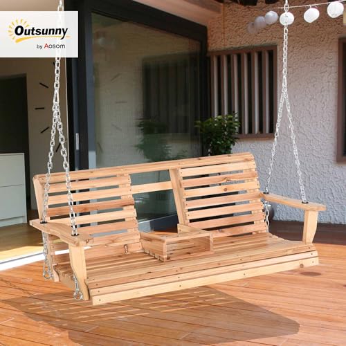 Outsunny 3-Seater Wooden Porch Swing, Patio Swing Bench with Folding Coffee Table, Cup Holders and Chains Included, 440lbs Weight Capacity, Natural