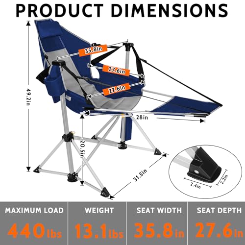 Romswi 2-Pack Aluminum Hammock Chair with Footrest, Oversized Portable Folding Swinging Chair with Adjustable Back & Seat, Lightweight Rocking Camp Chair Supports 440lbs for Outdoor, Patio - Blue