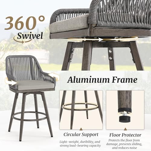 Cozyman Outdoor Bar Stools Set of 4, 360° Swivel Aluminum Rattan Bar Stool with Olefin Rope Curved Backrest and Armrest, Modern Barstools with Removable Cushion for Patio, Garden, Kitchen, Grey