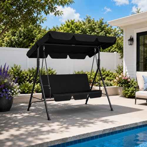 Yaheetech 3-Seat Patio Swing Chair, Outdoor Canopy Porch with Adjustable Canopy & Removable Cushion, Hanging Glider Lounge Chair for Patio, Garden, Yard, Porch - Black