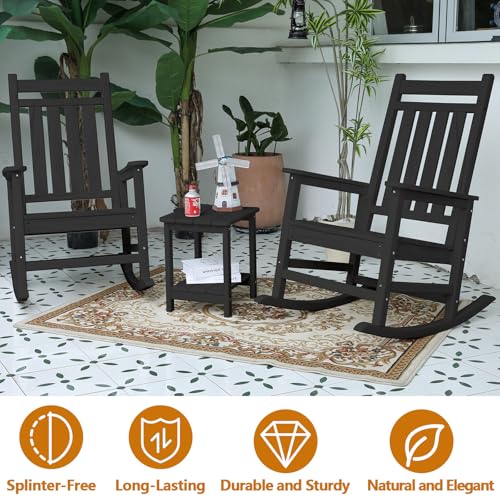 HRVEOCEI Oversized Outdoor Rocking Chair Set of 2 with Table, HDPE Patio Racking Chairs for Front Porch Outside All Weather, 300 LBS Capacity (Set of 2, Black)