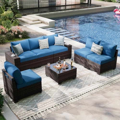 OUGMMGOU 7 Pieces Outdoor Patio Furniture Set, Outdoor Sectional Furniture Set, All-Weather PE Rattan Wicker Sofa with Cushions for Balcony, Deck, Garden