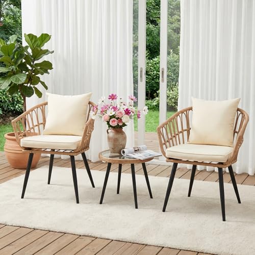MaagorVita 3 Piece Outdoor Patio Bistro Set,All-Weather Modern Wicker Table and Chairs Set for Backyard,Deck,Poolside,Beige