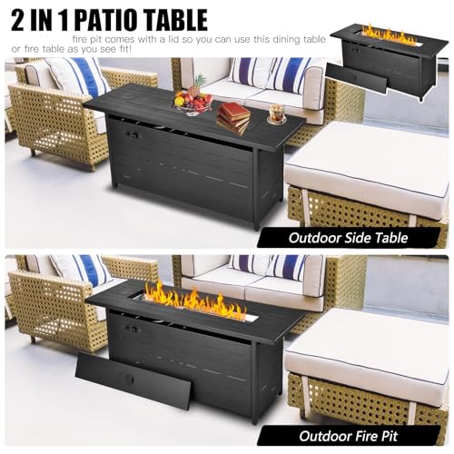 EcoNook 57 inch Propane Fire Pit Table,50000 BTU Gas Fire Pits Table with Lid & Lava Rock & Waterproof Cover, Outdoor Propane Firepit for Dining or Party, Outside, Patio, Garden, Yard
