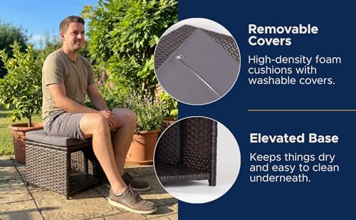 EZ Pro Goods Outdoor Storage Ottoman (Set of 2) - All-Weather Wicker Patio Footstool with Washable Cushions - Sturdy Rattan Foot Rest & Hidden Box for Deck, Porch, Backyard & Balcony