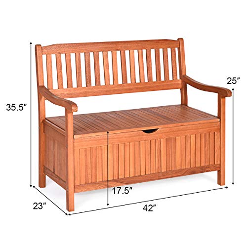 Tangkula Outdoor Wood Storage Bench Deck Box, Entryway Porch Storage Bench with Inner Removable Dust-Proof Lining & Portable Handles, Eucalyptus Wood Loveseat for Garden, Lawn, Balcony & Yard