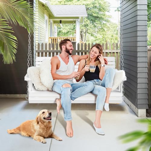 VINGLI Upgraded Patio Wooden Porch Swing for Courtyard & Garden, Heavy Duty 880 LBS Swing Chair Bench with Hanging Chains for Outdoors (White, 4 FT)