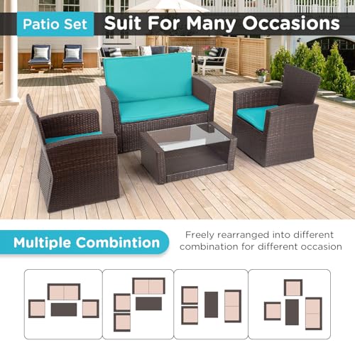 FDW 4 Piece Patio Furniture Sets, Wicker Conversation Set 4 All-Weather Outdoor Sectional Patio Sofa for Porch Deck with Blue Cushion Brown Rattan Sofa Chair