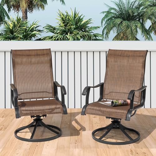NUU GARDEN Patio Swivel Chair Set of 2, Outdoor Swivel Rocker Dining Chairs with All-Weather Textilene High Back and Metal Frame for Backyard Deck Lawn Garden, Brown