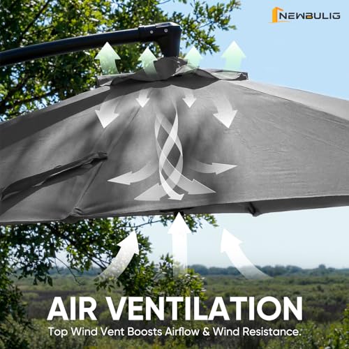 NEWBULIG 10FT Patio Umbrella with Base Included, Offset Cantilever Outdoor Patio Table Umbrella, UV Protection, Fade Resistant Fabric, Easy Tilt Adjustment for Pool, Deck, Garden, Backyard, Gray