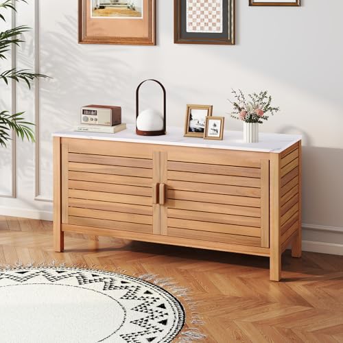 Goplus Patio Storage Cabinet, 2-Door Acacia Wood Console Table with Faux Marble Top, Outdoor Wooden Sideboard for Deck, Garden, Backyard & Entryway