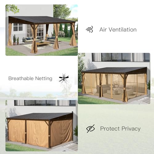 Domi 12x16FT Lean to Gazebo, Hardtop Wall Mounted Gazebo with Sloping Galvanized Steel Roof, Aluminum Frame, Drainage System, Curtains and Netting, for Patio, Deck, Garden, Backyard