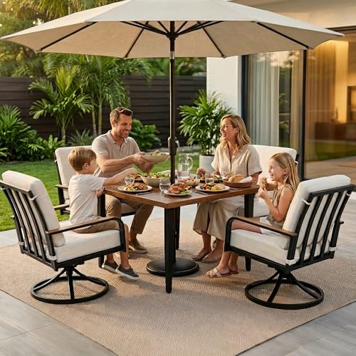 NATURAL EXPRESSIONS 5 Piece Outdoor Patio Dining Sets, 4pcs Swivel Dining Chairs & Square Woodgrain Dining Table with 1.65”Umbrella Hole for Lawn, Garden, Deck, Backyard and Porch
