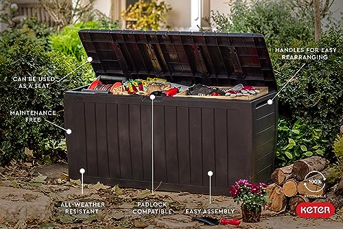 Keter Marvel Plus 71 Gallon Resin Outdoor Storage Box for Patio Furniture Cushions, Throw Pillows, Garden Tools and Pool Floats, Brown
