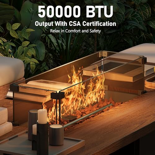 Rotihom 55" Propane Fire Pit Table,50000btu Gas Fire Pit Table with Brown Windshield & Lava Rock,2 in 1 Foldable Expansion Table Fire Pit with CSA Certification, Firepit Table for Outdoor, Patio