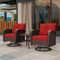 Qsoer 3 Piec Patio Bistro Set with 2 Rocking Chairs & Table, 360° Swivel PE Wicker Outdoor Furniture, Heavy-Duty Steel Frame,Weatherproof Cushions, Red
