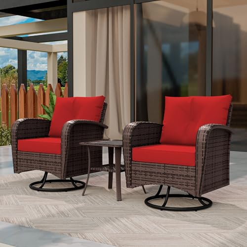 Qsoer 3 Piec Patio Bistro Set with 2 Rocking Chairs & Table, 360° Swivel PE Wicker Outdoor Furniture, Heavy-Duty Steel Frame,Weatherproof Cushions, Red