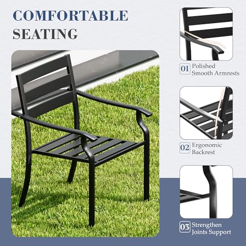 HOMREST 7 Piece Outdoor Patio Dining Set for 6, 63" Rectangular Metal Table with Umbrella Hole and Storage Shelf, Stackable Steel Chairs, Large Patio Furniture Set for Deck/Backyard/Poolside/Garden